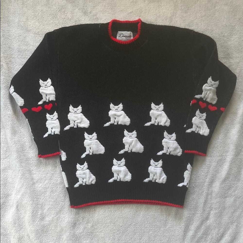 Vintage Cat Pattern Black Sweater with Red Trim